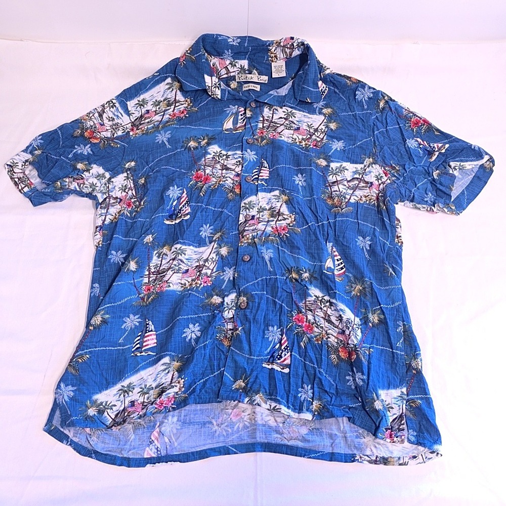 Batik Bay Button Up Hawaiian Shirt Mens L Blue Tropical Nautical Sailboat Rayon